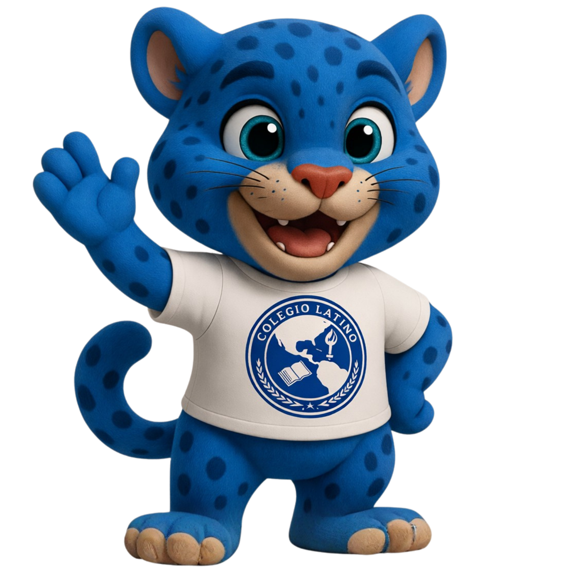 Mascota institucional de Colegio Latino: un jaguar azul de peluche saludando, vestido con una playera blanca con el sello de Colegio Latino